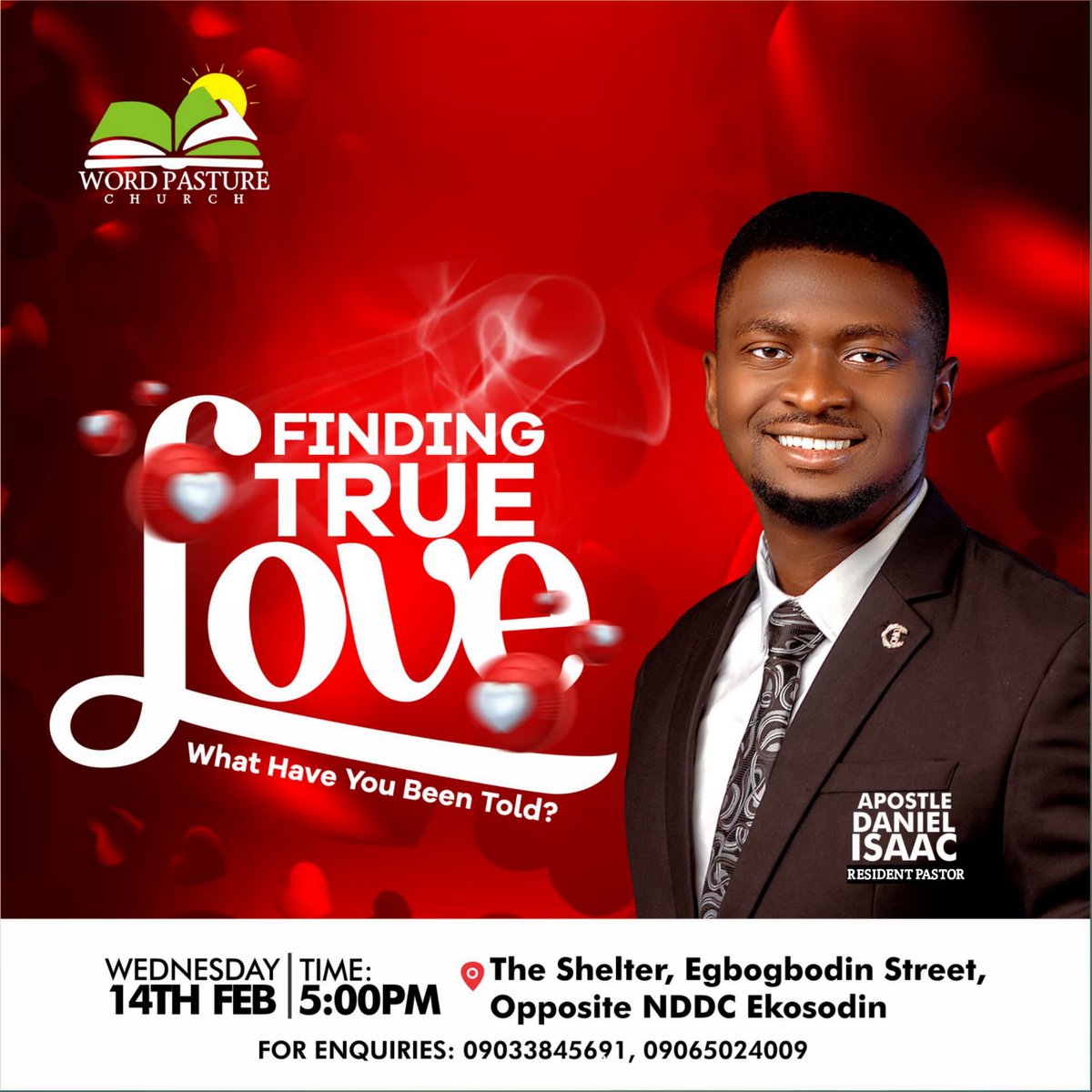 Wordpasture's tweet photo. Hurray! It's that season of love again. 😘

Are you burdened? 
Do you have questions?
Do you want to know more?

Join Apst. Daniel Isaac on this enlightening, inspiring and fun-filled moment tagged: FINDING TRUE LOVE - What Have You Been Told? https://t.co/a1BgcwHSay