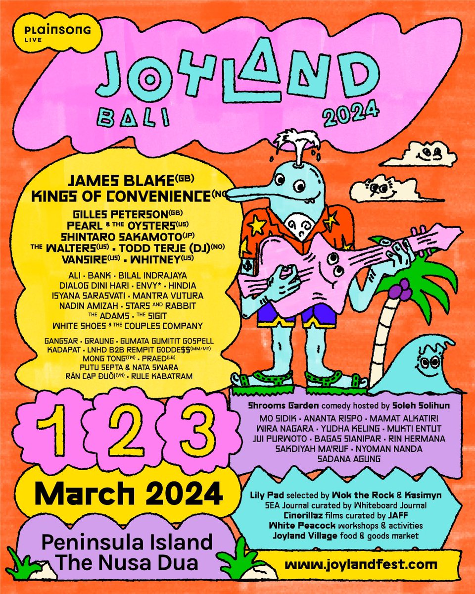 #JoylandFestBali is finally here for the ultimate getaway! 🌴🍄 Join us in Peninsula Island on 1-3 March 2024 for an unforgettable trip with breeze, bliss, and beyond! 🏝️✨ Tickets (and hotel packages) are available only at joylandfest.com