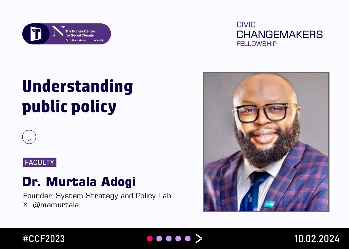 Tomorrow, we will host the founder of @SSPolicylab, Dr. Murtala Adogi to train our #CivicChangemakers on Understanding Public Policy. Dr. Adogi has vast experience in education & environmentalism, & has worked in various roles with DFID, UNICEF & Nasarawa State Gov't. #CCF2023