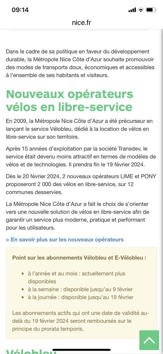 😡 l’arrêt du VÉLO BLEU à Nice on en parle? <a href="/VilledeNice/">Ville de Nice</a> 🛑 Arrêt des subventions ! sur le site une info laconique…. Mais ciao l’abo à 25€/an ce sera beaucoup + avec les opérateurs LIME et PONY a partir du 20/02 
 info sur les stations?? Les médias ?? #velobleu #alerteNice