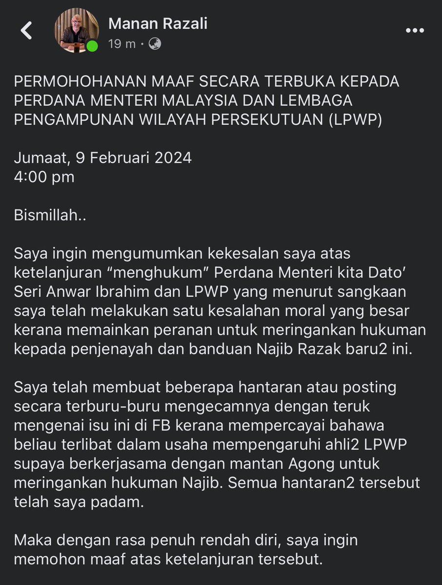 La_FarEast's tweet photo. “Permohonan maaf terbuka kpd PMX @anwaribrahim dlm isu pengampunan Najib Razak”

Please RT. 

Aku pun ada share tulisan beliau sebelum ni. https://t.co/MCoZwWRGZ4