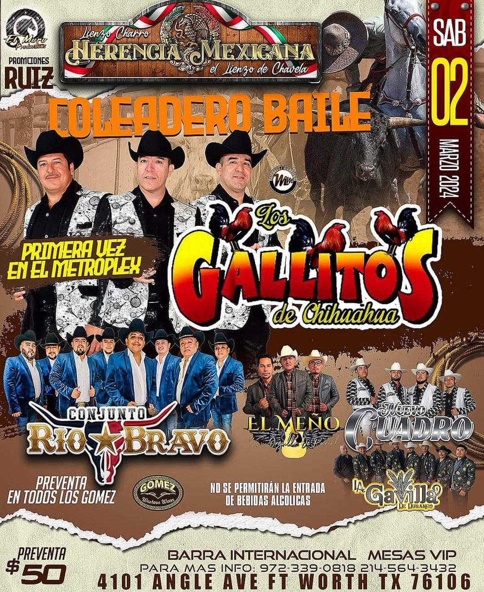 josemarespp2's tweet photo. LLEGAN POR PRIMERA VEZ
"LOS GALLITOS DE CHIHUAHUA"
*LIENZO HERENCIA MÉXICANA"
FORT WORTH TX.
@gallitosdechihuahua1
@lienzohmexicanafw https://t.co/EpTQHpXZDn