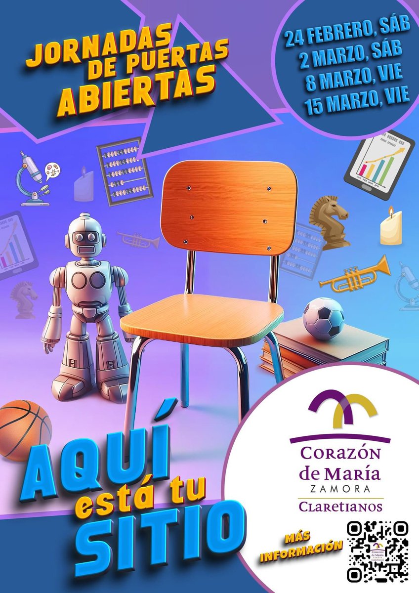 corazondemariaz's tweet photo. JORNADAS DE 
PUERTAS 🚪 ABIERTAS 2024-2025

AQUÍ ESTÁ TU SITIO 🪑!!!
Sábado 24 de febrero y 2 de marzo de 12:00 a 14:00
Viernes 8 y 15 de marzo de 10:00 a 12:00horas.Con el código QR puedes inscribirte de forma fácil y segura. 

#Abrazalodistinto 
@opiniondezamora @Zamora3punto0 https://t.co/xS4T6beyk5
