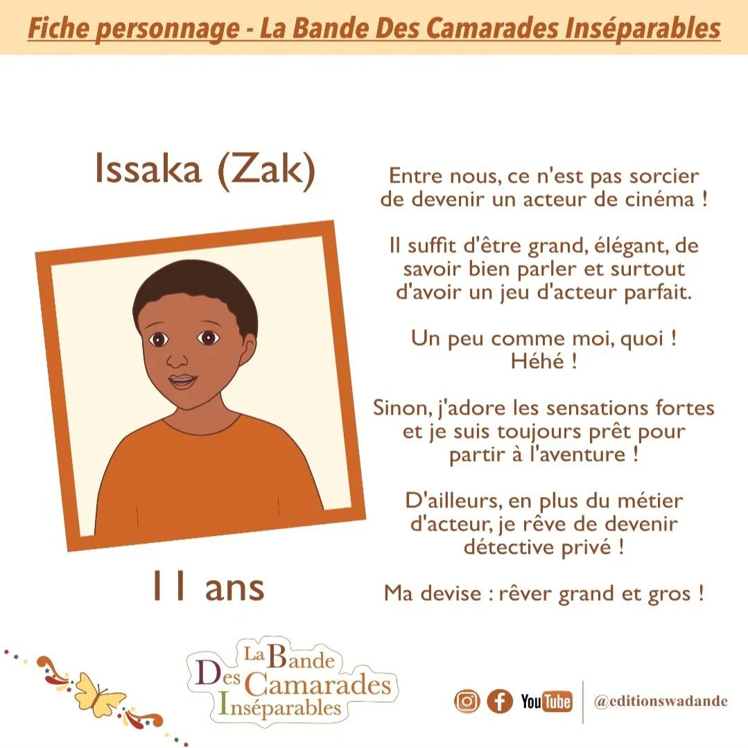 Apprenons à mieux connaître Issaka, 11 ans, le plus grand et le plus intrépide de #labandedescamaradesinseparables 🤗

cherifatabiou.com

#editionswadande #litteraturejeunesse #livrejeunesse #livrejeunesseafro #roman #romanjeunesse #labdci #bdci #livreafro #cherifatabiou