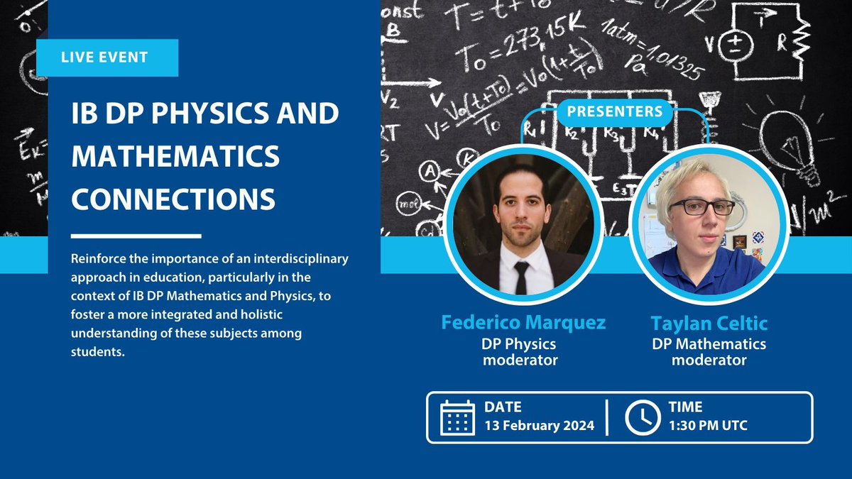 iborganization's tweet photo. We’re hosting a free Maths and Physics webinar! Join #IBExchange DP Physics and Mathematics moderators to learn approaches for integrating Math and Physics in everyday classroom practices, with a focus on simplicity and feasibility. Register here: https://t.co/T1pli1TlsW https://t.co/4xBze7qWkr