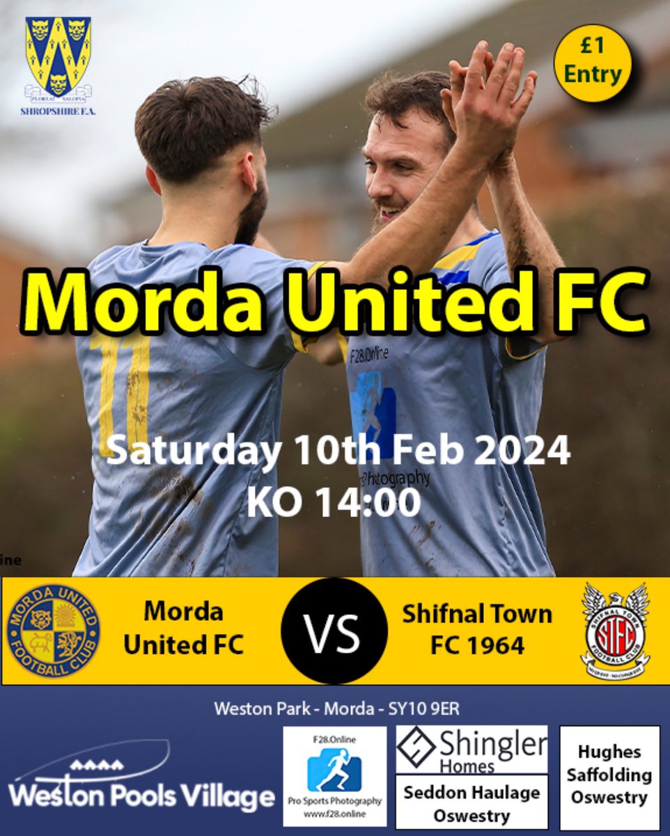 Pitch inspection pending, we host an in form Shifnal tomorrow.

The visitors have won their last 3 games.

🆚<a href="/ShifnalTown1964/">joel bentleys arse</a> 
🏆<a href="/SalopLLeague/">Salop Leisure League</a> 
🗓️Saturday 10th February
🏠Weston Pools Park (SY10 9ER)
⏰2pm KO
☕️Refreshments available
💰£1 admission

📸 - <a href="/F28online/">Andrew Donnison</a>

🟡🔵