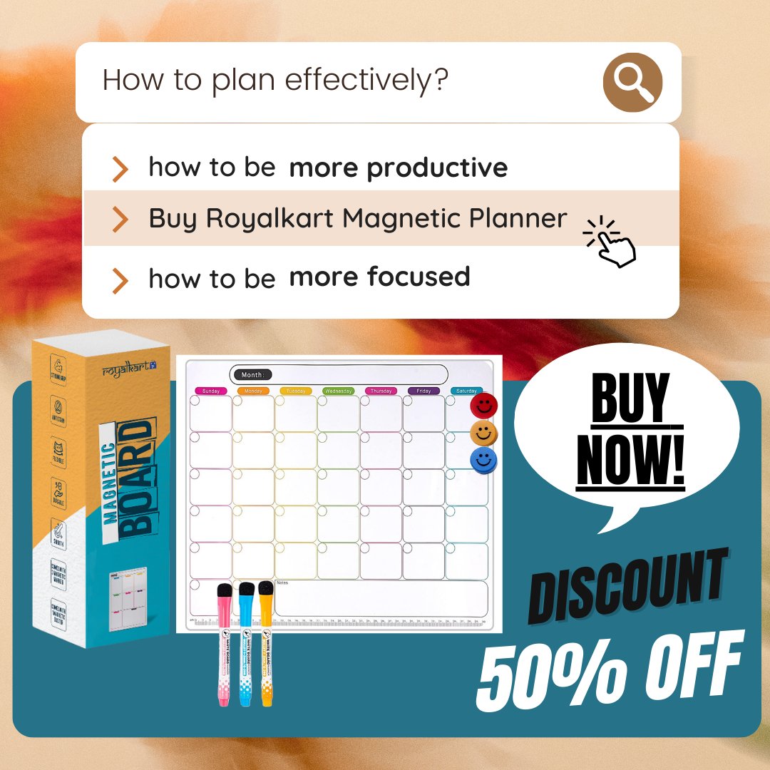 Royalkart1's tweet photo. "🎉 Don't Miss Out! Get 50% OFF on our Magnetic Monthly Planner Today! 
🎉 Stay on top of your busy schedule while saving big! Organize your life effortlessly with our sleek and versatile planner. 
Hurry up, limited offer! 🛍️

#DiscountAlert #OrganizedLife #ShopNow #Royalkart" https://t.co/EJY800z20J
