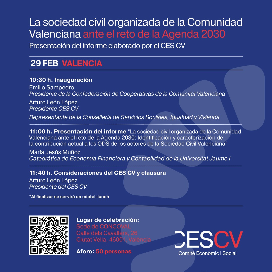 ➡L'acte tindrà lloc en la seu de CONCOVAL i començarà a les 10:30h.  

➡ Per a inscriure's és necessari escanejar el codi QR i completar la fitxa d'inscripció. L'aforament és de 50 persones.  

😁 Us esperem!