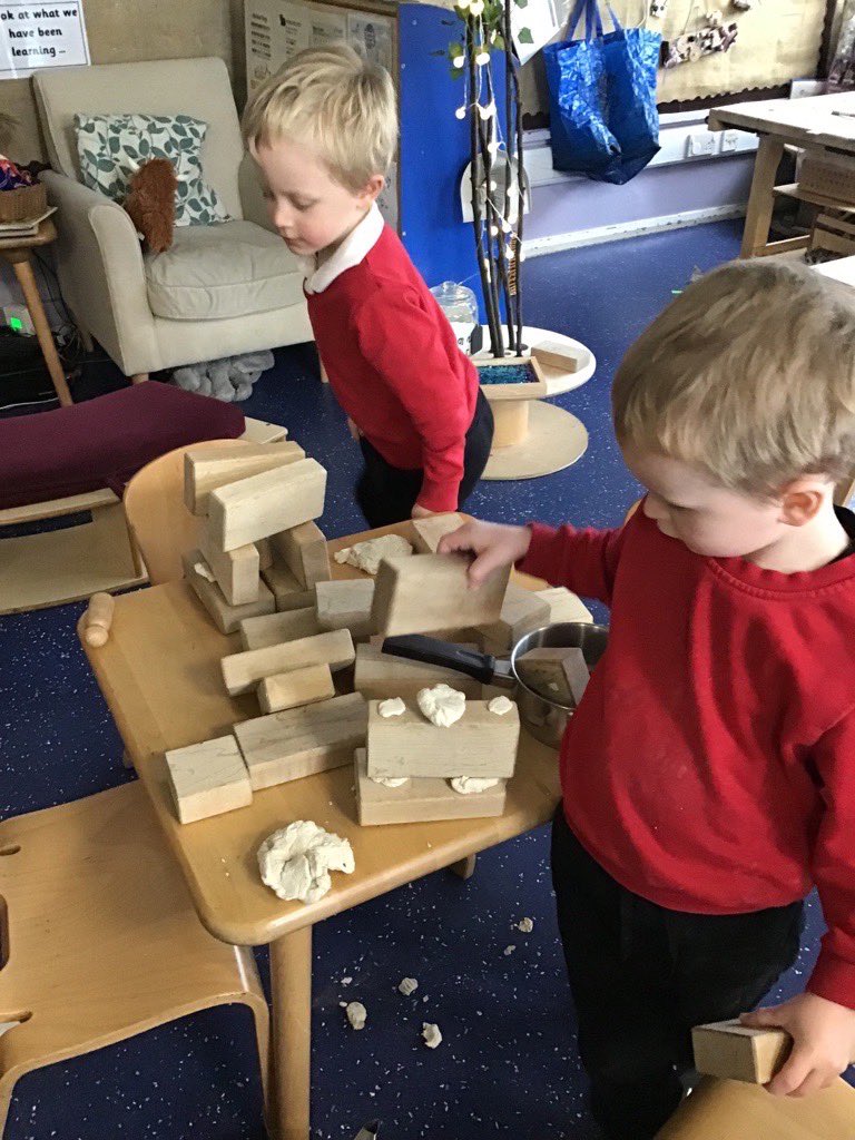 Some amazing creative and imaginative play going on with the blocks and play dough yesterday. ‘It’s glue’ B ‘it’s sticking the blocks together’ C #blocksrock