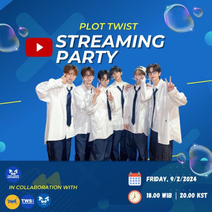 TWS_INDONESIA's tweet image. [🎁 STREAM PARTY]
—  TWSVILLE Mass Streaming Party 🎀

In collaboration with : @TWS_WithcrewINA @TWS_WithusINA @TWSVOTES 🫧

🗓 09/02/24 • 18.00 WIB | 20.00 KST
➡️ Platform : Youtube

— Tag your friend to join the Streaming Party! ✨

#TWS #투어스 #247WithUs