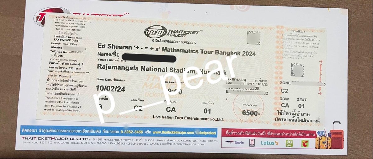 ปล่อยบัตร 
Ed Sheeran ‘+ - = ÷ x’ Mathematics
Tour Bangkok 2024 
ขาย 1 ใบ  row CAโซน C2 ที่นั่ง 01
หน้าบัตร 6500 ขาย 5500 สนใจทักค่ะ
รับบัตรหน้างาน เข้าพร้อมกันได้ค่ะ
#EdSheeranBKK #EdSheeraninBKK #TheMathematicsBKK #ขายบัตรคอนเสิร์ต #TheMathematicsTourBKK #EdSheeraninBKK