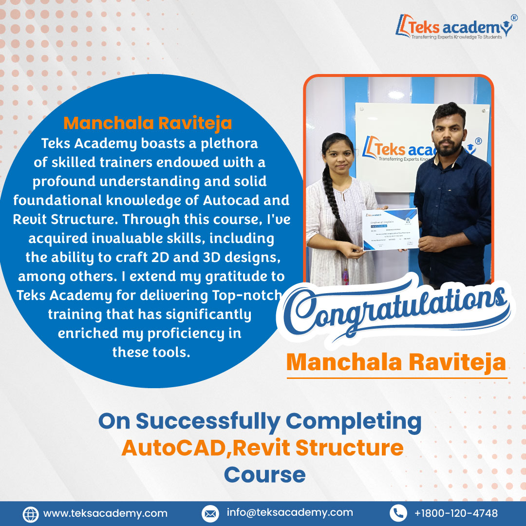 TeksAcademy's tweet image. #Congratulations Raviteja 👩‍🎓

We are thrilled to announce that you have successfully completed the &quot;#AutoCAD &amp;amp; #RevitStructure&quot; Course at Teks Academy! 🎓

#revit #bim #bimcourse #certificationcourse #student #academy #hyderabad #BharatRatna #ViratKohli #Uttrakhand #LalSalaam