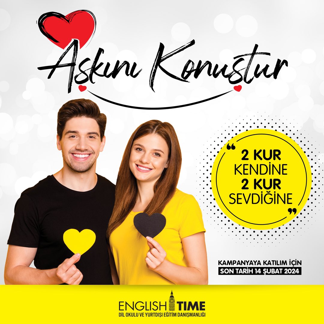 Sevgililer gününde yabancı dil konuşmayan kalmasın 😍 2 kur kendisi için kayıt olana 2 kur da sevdiğine bizden HEDİYE 🎁Sen de hemen en yakın English Time şubesine git ve aşkını yabancı dilde konuştur ❤️

#sevgililergünü #14şubat #dilokulları #englishtime #ingilizcekursu