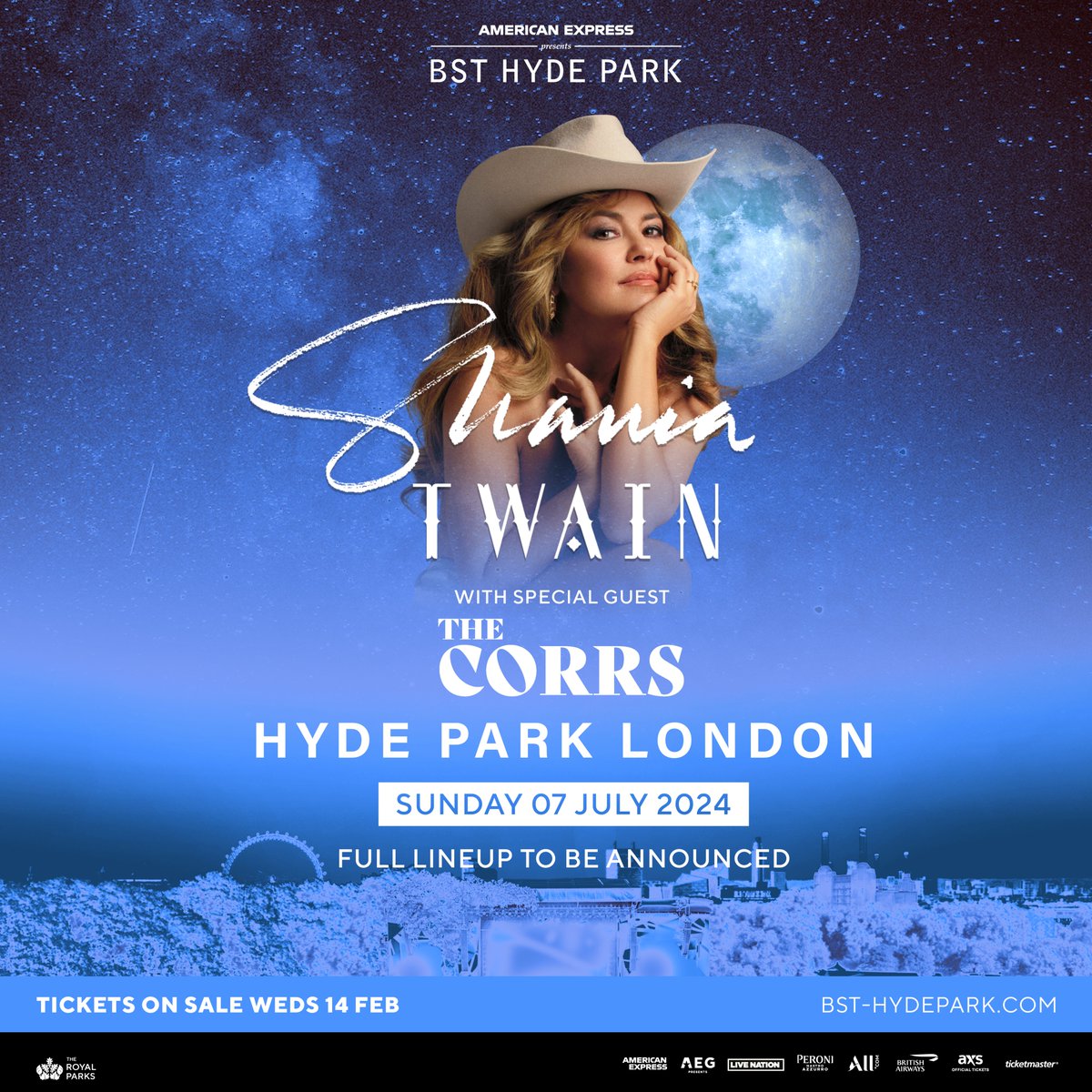 Let’s go girls! We're so excited to announce that the Queen of Country, @ShaniaTwain, is coming to London for a spectacular headline show at American Express presents BST Hyde Park 🫶 She'll be joined by #TheCorrs, plus more incredible artists to be announced 💙 🎟 @bsthydepark