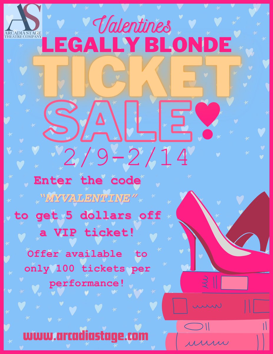 In spirit of the season of love Arcadia stage is hosting a legally blonde ticket sale! From 2/9-2/14 you can get 5 dollars off VIP tickets! Act fast! Because this deal only applies to 100 vip tickets per show! Buy your tickets NOW at arcadiastage.com !