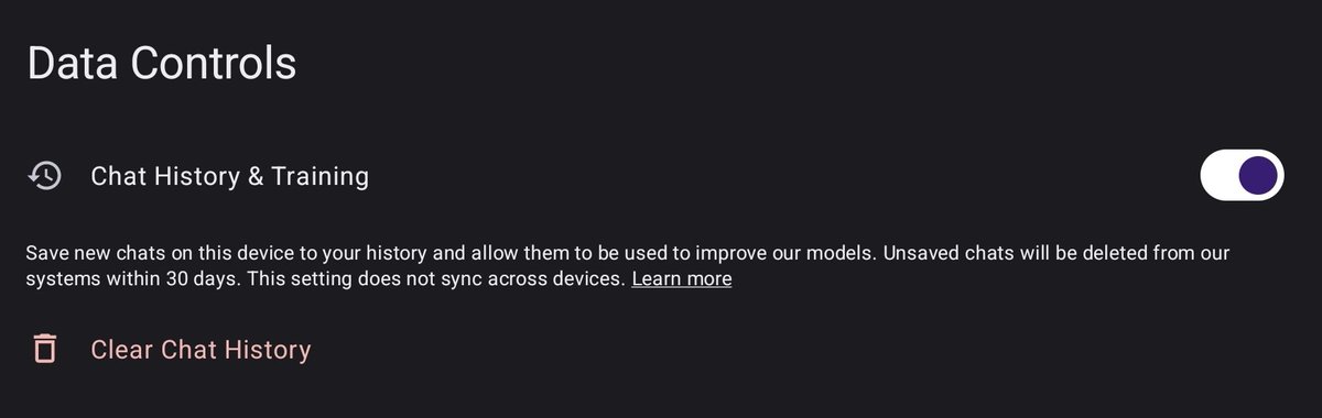 codewithcheese's tweet photo. OpenAI and Google Gemini use a dark pattern that requires you to share your chats for training just to be able to view your chat history. This sneaky practice OpenAI started and Google has adopted. @OpenAI @GoogleDeepMind https://t.co/PJRJ4W7EKk
