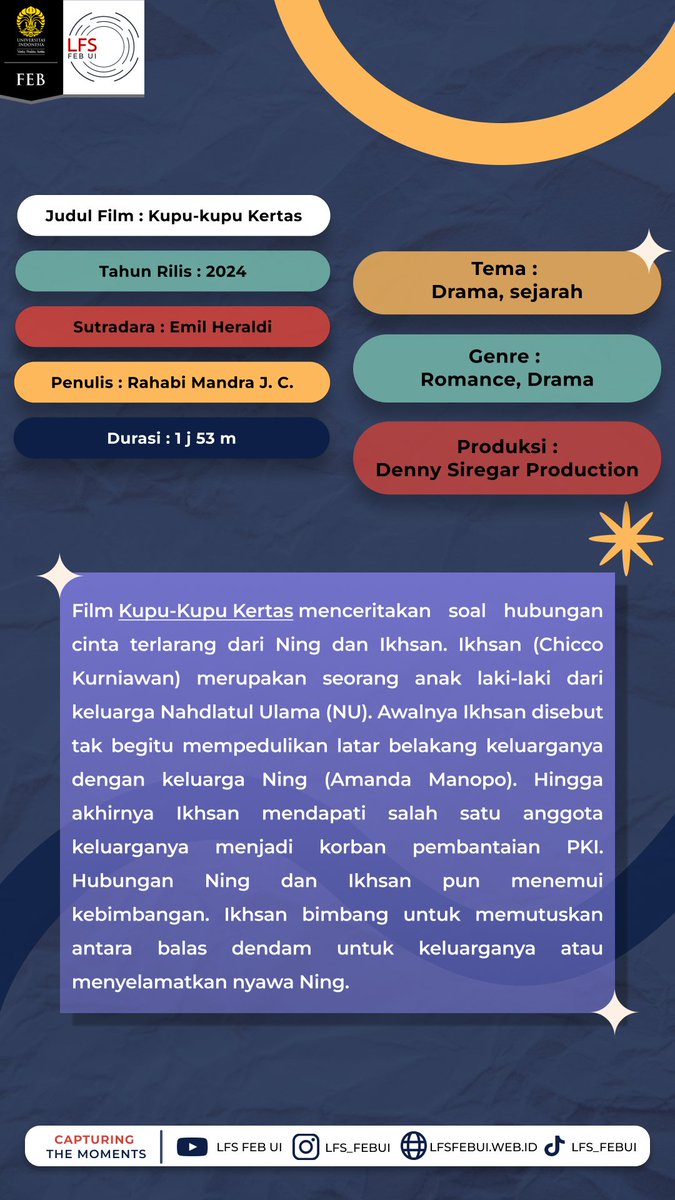 LFS_FEBUI's tweet photo. [KUPU-KUPU KERTAS]
Jejak sejarah yang menyentuh dengan melibatkan kisah cinta Ning dan Ikhsan dalam pertarungan antara dua organisasi besar, NU dan PKI yang saling berhadapan karena perbedaan ideologi.
#kupukupukertasmovie #dennysiregarproduction #maximapictures
#tontonanbaru https://t.co/3iMM2pFudO
