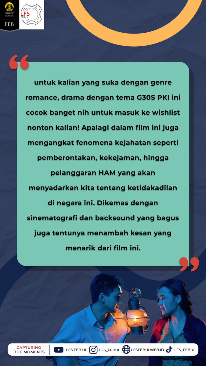 [KUPU-KUPU KERTAS]
Jejak sejarah yang menyentuh dengan melibatkan kisah cinta Ning dan Ikhsan dalam pertarungan antara dua organisasi besar, NU dan PKI yang saling berhadapan karena perbedaan ideologi.
#kupukupukertasmovie #dennysiregarproduction #maximapictures
#tontonanbaru