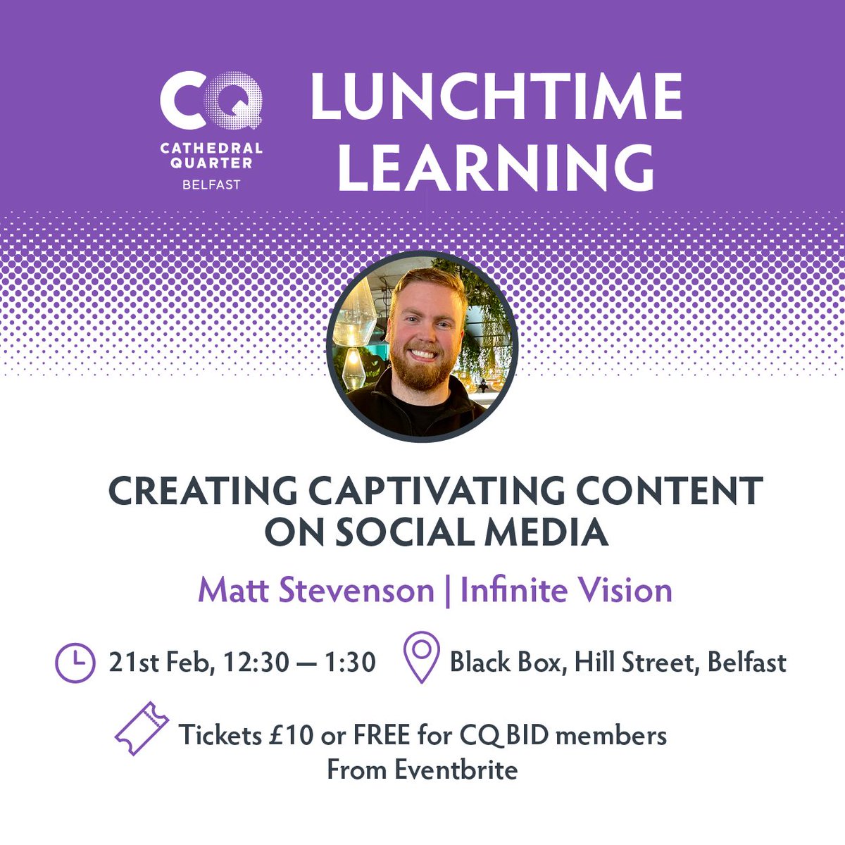 Lunchtime Learning kicks off with content creator Matt Stevenson - who will share all of the secrets and strategies that he has used to generate over 20,000,000 organic views online! 21st Feb, 12.30-1.30pm @BlackBoxBelfast 🎟eventbrite.com/e/lunchtime-le…