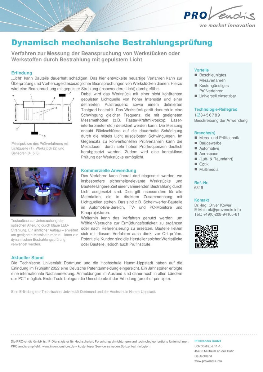 PROvendis GmbH (@provendis) on Twitter photo NEU in unserem Portfolio der Material- & Werkstofftechnik: Forschende der <a href="/TU_Dortmund/">TU Dortmund</a> & <a href="/HSHammLippstadt/">Hochschule Hamm-Lipp</a> entwickeln ein neuartiges Verfahren mit dem geprüft werden kann, wie stark die Schadwirkung durch Licht und Strahlung auf ein Bauteil ist: provendis.info/ta-6319 NEU in unserem Portfolio der Material- & Werkstofftechnik: Forschende der <a href="/TU_Dortmund/">TU Dortmund</a> & <a href="/HSHammLippstadt/">Hochschule Hamm-Lipp</a> entwickeln ein neuartiges Verfahren mit dem geprüft werden kann, wie stark die Schadwirkung durch Licht und Strahlung auf ein Bauteil ist: provendis.info/ta-6319