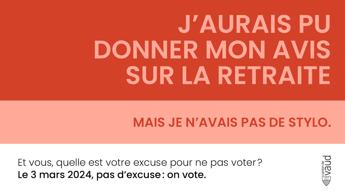 Et vous quelle est votre excuse pour ne pas voter ? 🖊️

🗳️ Le 3 mars on vote !
🔗 vd.ch/on-vote

#CHvote #Vaud