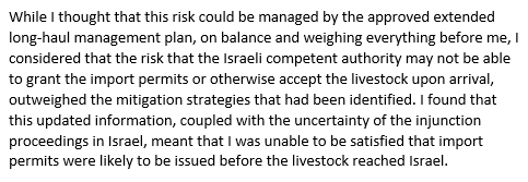 .@DAFFgov have released the statement of reasons on the Bahijah.

NO animal welfare concerns with the re-export plan.

Activist games seeking an injunction in Israel against the import permit is what lead to refusal.

Sets a dangerous precedent for Aus Trade.

#keepthesheep