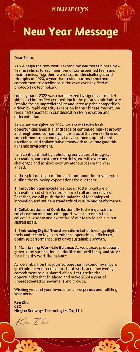 Sunways_Tech's tweet photo. 🎊 Welcome the Year of the Dragon with Sunways! 🐉 CEO Ken Zhu reflects on our solar journey, anticipating innovation and collaboration in 2024. Let's seize new opportunities for success and growth. Wishing all a joyous Lunar New Year! 🌟🎉 #ChineseNewYear #YearOfTheDragon https://t.co/SA3EJC4F4g