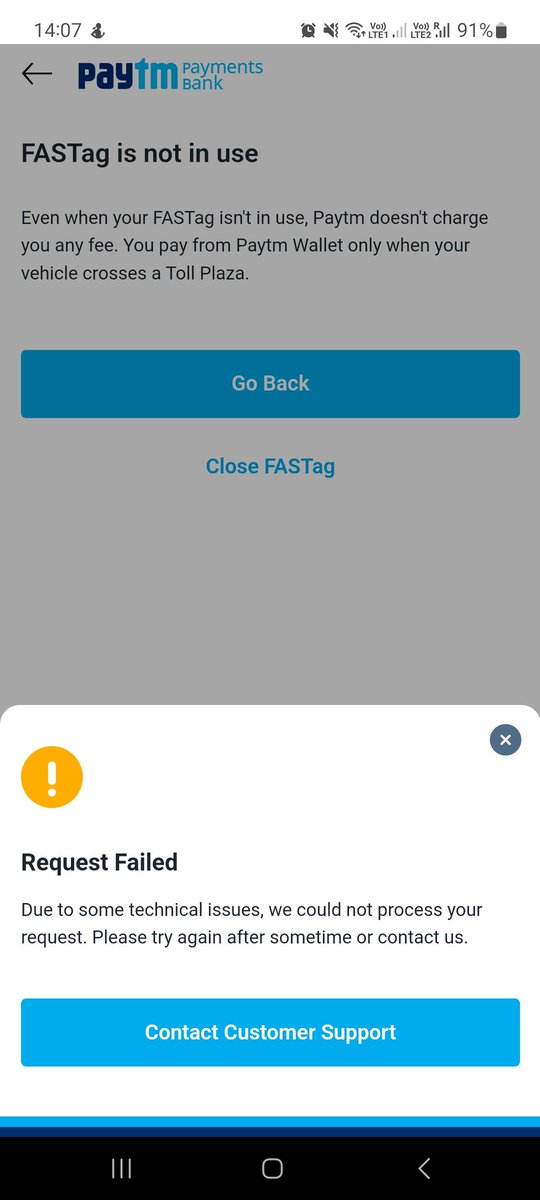 pratapsst's tweet photo. @Paytm Please close my fast-tag, there is no way to speak to customer support https://t.co/ByWVGOnsBj
