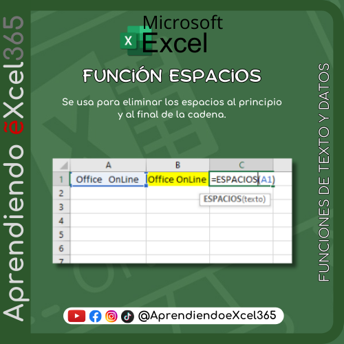 AeXcel365's tweet photo. Función ESPACIOS
#aprendiendoexcel365 #josealcaldealias #excel #microsoftexcel #educacion #aprendiendoexcel #exceltips #funcionesexcel #excelformulas #exceltutorial #aprendeexcel #visualbasic #vba #VideosTutoriales 
⭐ En mi perfil encontrarás los links. https://t.co/0pV0rHzffx