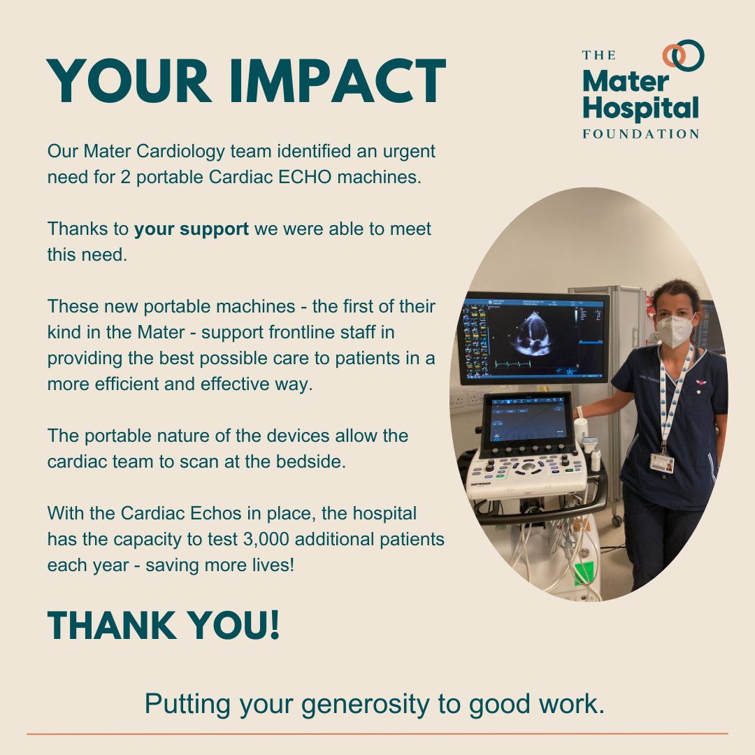 🤝🏥Putting your generosity to good work. With your #support we were able to fund 2 portable Cardiac Echo machines. #fundraisingimpact #HeartHealth #changinglivestogether❤️. @MaterDublin @Mater_ICU @heartofthemater