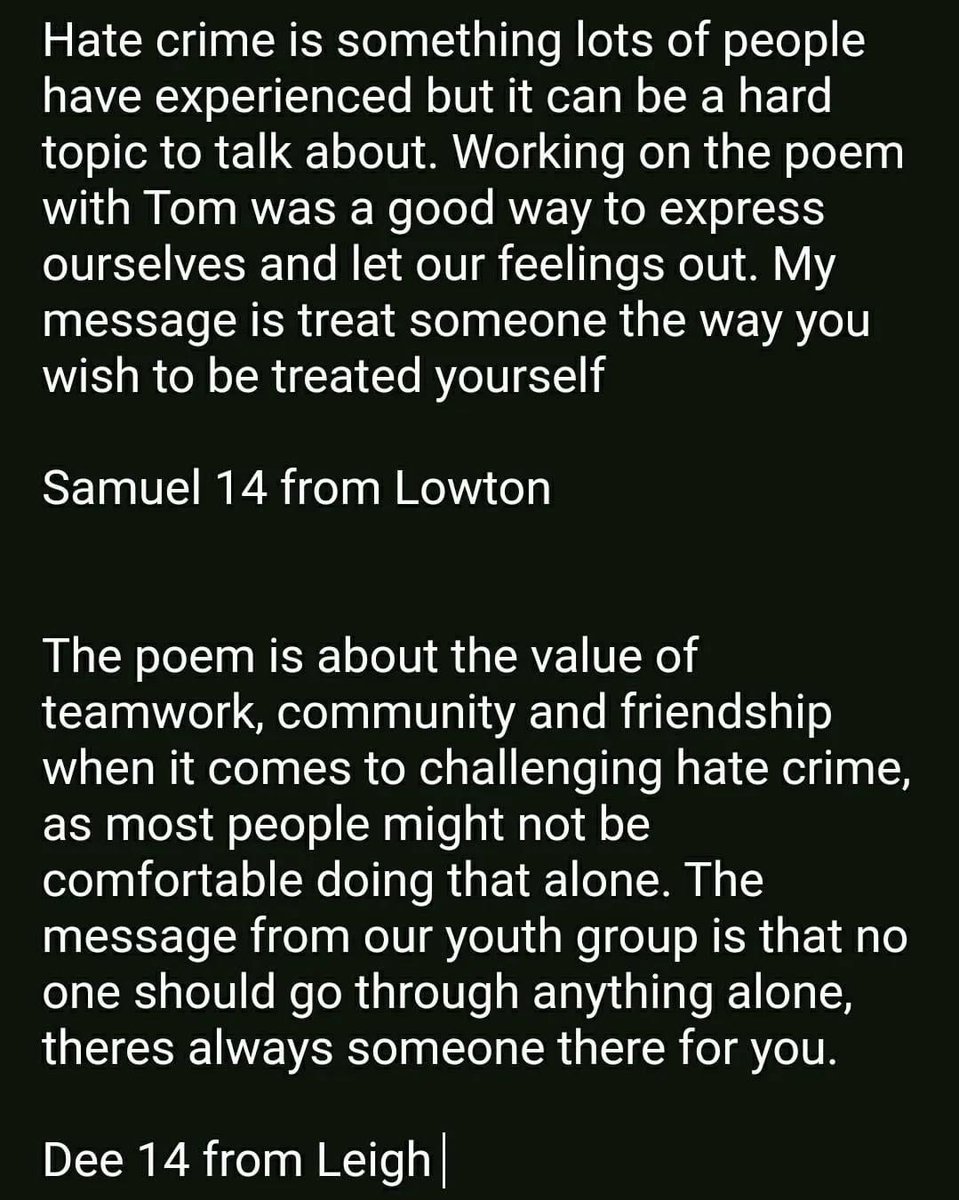 This from @Tom_Stocks 🤩🤩🤩❤️ #HateCrimeAwarenessWeek #GlobalFriends Title: I see, I hear, I remember Samuel 14 from Lowton said, “The poem is about the value of teamwork, community & friendship when it comes to challenging hate crime,” Funded by @WiganCouncil