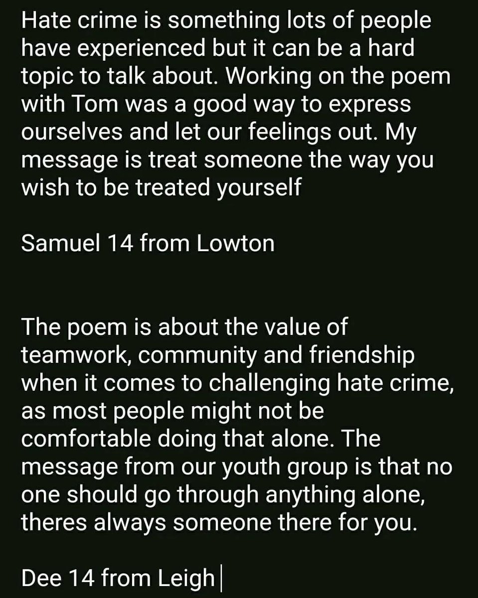 Farai Nhakaniso (@farai_nhakaniso) on Twitter photo This from <a href="/Tom_Stocks/">The Chubby Northerner</a> 🤩🤩🤩❤️
#HateCrimeAwarenessWeek #GlobalFriends
Title: I see, I hear, I remember
Samuel 14 from Lowton said, “The poem is about the value of teamwork, community & friendship when it comes to challenging hate crime,”
Funded by <a href="/WiganCouncil/">Wigan Council</a> This from <a href="/Tom_Stocks/">The Chubby Northerner</a> 🤩🤩🤩❤️
#HateCrimeAwarenessWeek #GlobalFriends
Title: I see, I hear, I remember
Samuel 14 from Lowton said, “The poem is about the value of teamwork, community & friendship when it comes to challenging hate crime,”
Funded by <a href="/WiganCouncil/">Wigan Council</a>
