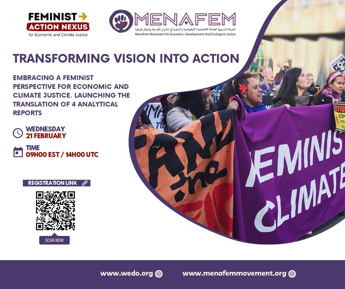 📢 Join Us 21 Feb,MENAFem/Gender Action Nexus Event! We're launching 5 feminist resources on #Economics and #Climate #justice in #Arabic. Authored by experts, these works provide a crucial framework for collective advocacy. Don't miss out! Register here : tinyurl.com/5n6cz75s