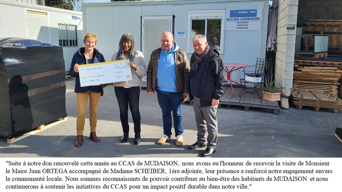EmbalPro's tweet photo. Don renouvelé au CCAS de MUDAISON et visite de Monsieur le Maire Juan ORTEGA accompagné de Madame SCHEIBER 1ère adjointe.
#embalproindustrie #mairiedeMudaison #ccasMudaison https://t.co/sTXbANRwOf