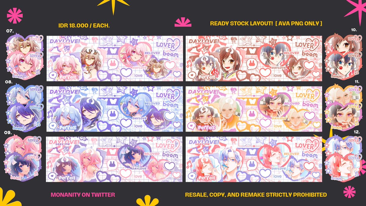 monanity's tweet photo. help retweet &amp; likes nya? tysm 🤩

hi aku ada ready stock layout couple genshin, anime, hi3, hsr nih. price 18K/ea ava PNG only ya! bisa di take jam 18.15 wib🐇 take duluan terkena fee (+2k) ⭐ 

#zonauang #zonaba https://t.co/4R6p49YkHR