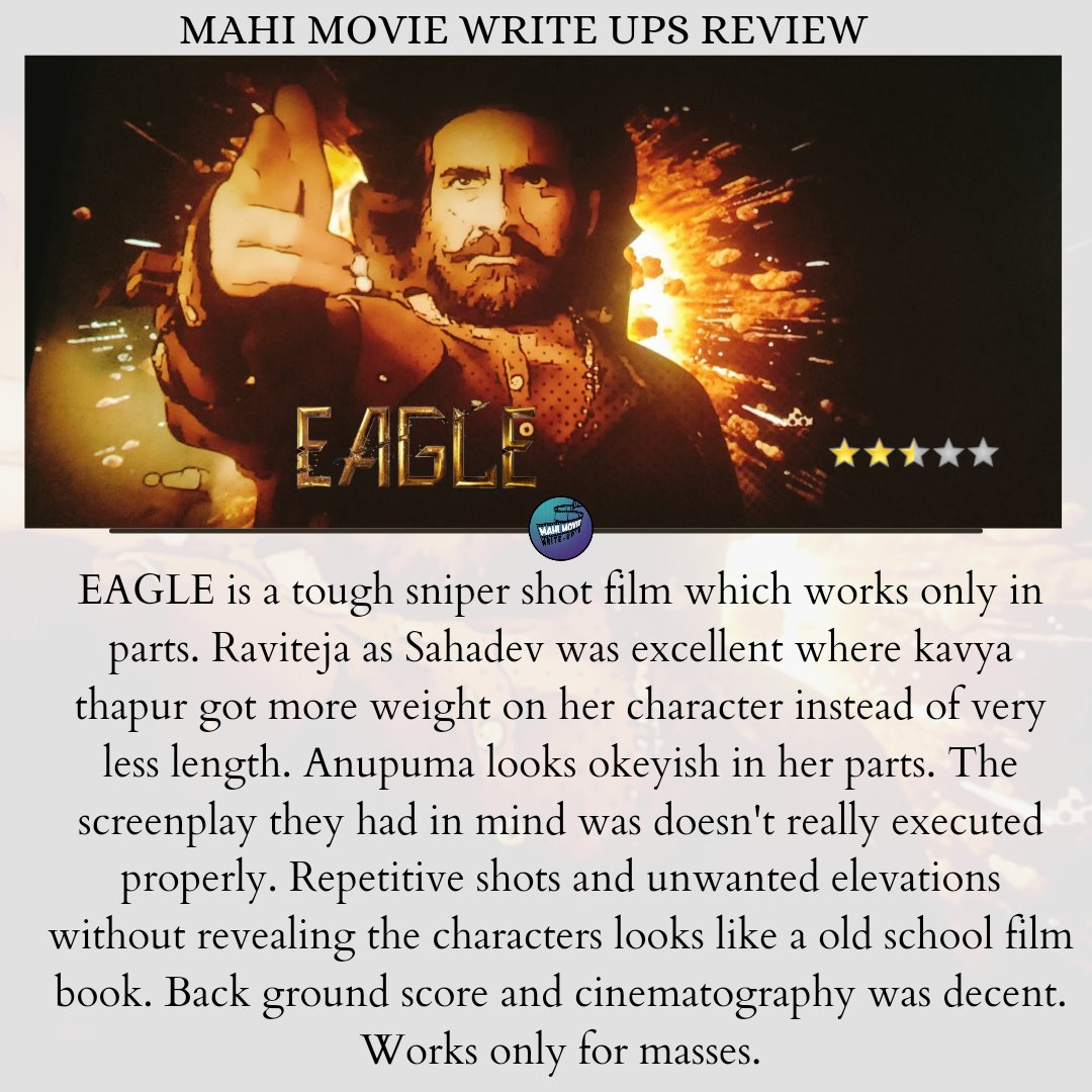 Not everyone cup of tea... Repetitive scenes made it a one time watch....keep your expectations in check ✅

#eagle #eaglereview #eaglefrom9thfeb #raviteja #karthikgattamaneni #kavyathapur #anupamaparameswaran😍 #avasaralasrinivas