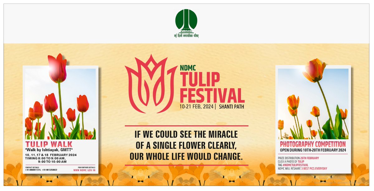 tweetndmc's tweet photo. NDMC is organizing Tulip Walk as a part of #NDMCTulipFestival on 10th, 11th, 17th &amp; 18th February, 2024 at 08.00 am to 10.00 am free of cost with expert walk conductor. The tulip walk will be held on the Lawns of Shantipath, Chanakyapuri, New Delhi. Please witness the grandeur. https://t.co/HXGv20zwfb