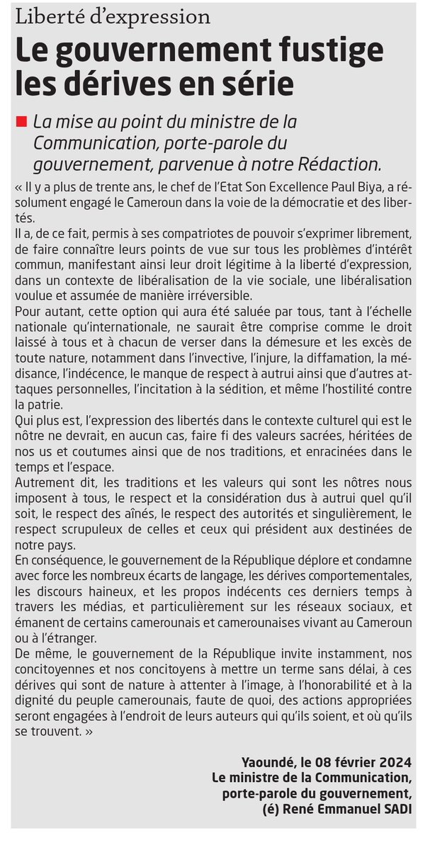 CamerounTribune's tweet photo. Liberté d'expression : le gouvernement fustige les dérives en série 

La mise au point du ministre de la Communication, porte-parole du gouvernement, parvenue à notre Rédaction👇👇👇 https://t.co/1dvJM0nBep