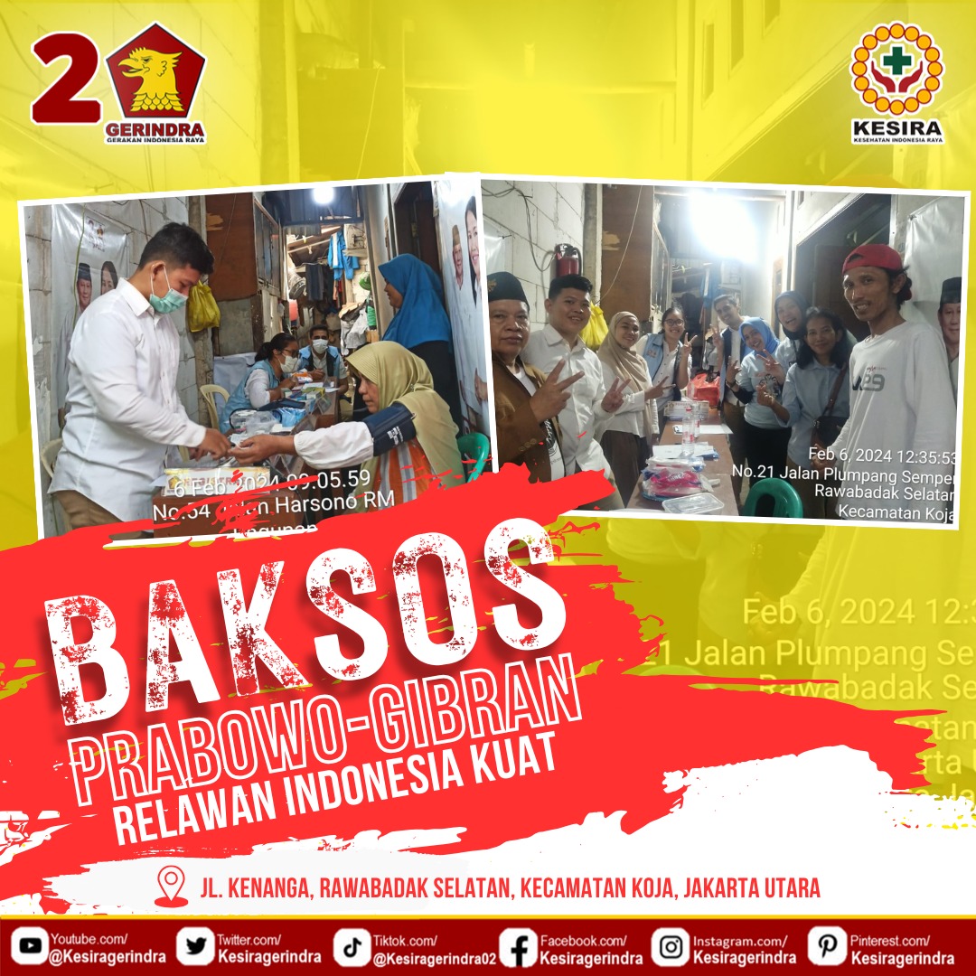 BAKSOS PEMERIKSAAN KESEHATAN GRATIS KOJA JAKARTA UTARA
Prabowo Gibran, Sehatkan Indonesia Raya!

#kesira #kesiragerindra #gerindrakesira #kesehatanindonesiaraya #kesiraindonesia #kesirapeduliindonesia #RelawanIndonesiaKuat #JakartaUtara
