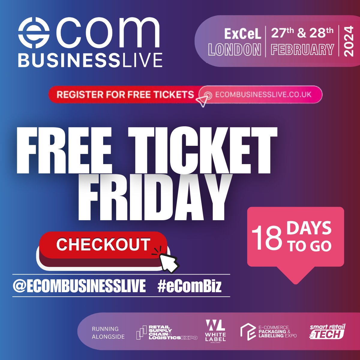 #FREETICKETFRIDAY 🎟️ Only 18 days left!

Join us at the Leading Event to Accelerate Your Online Business Sales at ExCeL London on Feb 27th &amp; 28th! 

Limited tickets available. Secure yours now: lnkd.in/e3mrMsp2

See you in a few weeks! 🤝 #FreeTickets #2024Events #eCombiz