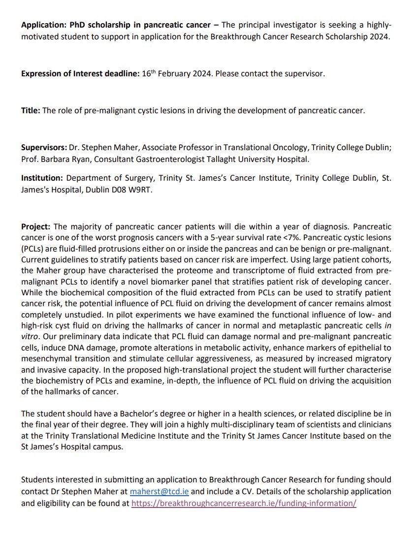 Stephen G Maher (@sgmaher) on Twitter photo Interested in doing a PhD in pancreatic cancer research in the Maher lab? To be supported for a Breakthrough Cancer Research scholarship, please see details below and contact the supervisor. RTs welcome!
<a href="/TrinityMed1/">School of Medicine, Trinity College Dublin</a> <a href="/CancerInstIRE/">Trinity St James's Cancer Institute</a> <a href="/TCDTMI/">TTMI - Trinity Translational Medicine Institute</a> <a href="/BreakthroCancer/">Breakthrough Cancer Research</a> Interested in doing a PhD in pancreatic cancer research in the Maher lab? To be supported for a Breakthrough Cancer Research scholarship, please see details below and contact the supervisor. RTs welcome!
<a href="/TrinityMed1/">School of Medicine, Trinity College Dublin</a> <a href="/CancerInstIRE/">Trinity St James's Cancer Institute</a> <a href="/TCDTMI/">TTMI - Trinity Translational Medicine Institute</a> <a href="/BreakthroCancer/">Breakthrough Cancer Research</a>