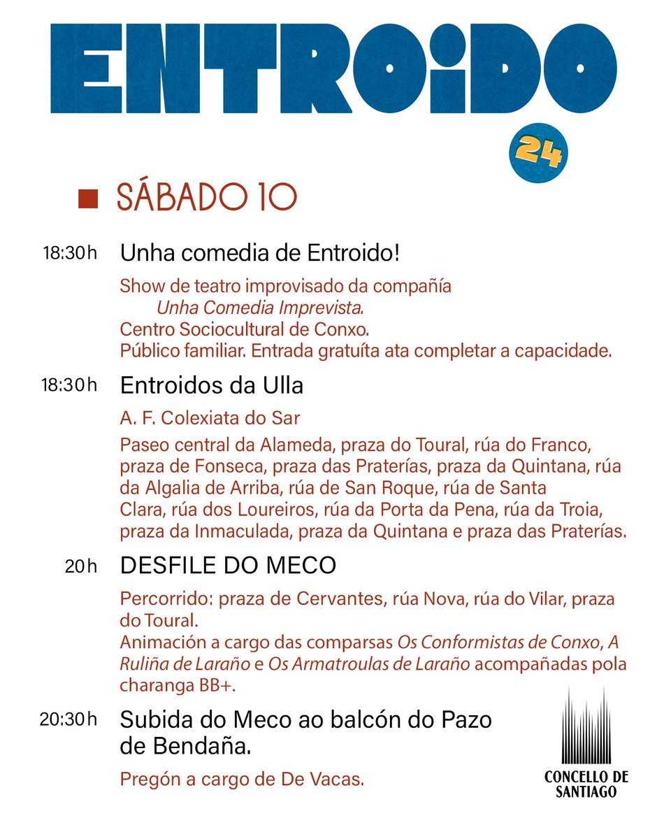 Concello de Santiago (@pazoderaxoi) on Twitter photo 📜 Teatro improvisado, #EntroidosDaUlla, #DesfileDoMeco e subida do #Meco ao balcón do Pazo de Bendaña, con pregón a cargo de <a href="/devacasDV/">DE VACAS</a>, na xornada de apertura do #EntroidoEnCompostela! 👏
Non perdas nada! 🤳 bit.ly/entroidocompos…
#Entroido #CarnavalCiudadesPatrimonio 📜 Teatro improvisado, #EntroidosDaUlla, #DesfileDoMeco e subida do #Meco ao balcón do Pazo de Bendaña, con pregón a cargo de <a href="/devacasDV/">DE VACAS</a>, na xornada de apertura do #EntroidoEnCompostela! 👏
Non perdas nada! 🤳 bit.ly/entroidocompos…
#Entroido #CarnavalCiudadesPatrimonio