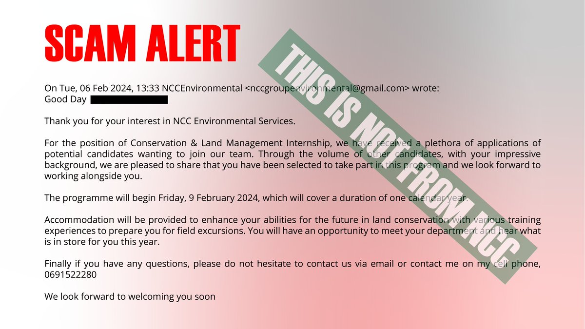 NCC Environmental Services (@nccenviron) on Twitter photo NCC has been made aware of the following scam.
This email was not sent by NCC or any of its affiliates.
We hope no one has been misled by this yet. Our official contact details are +27 21 702 2884 and info@ncc-group.co.za (all our emails end in ncc-group.co.za NCC has been made aware of the following scam.
This email was not sent by NCC or any of its affiliates.
We hope no one has been misled by this yet. Our official contact details are +27 21 702 2884 and info@ncc-group.co.za (all our emails end in ncc-group.co.za