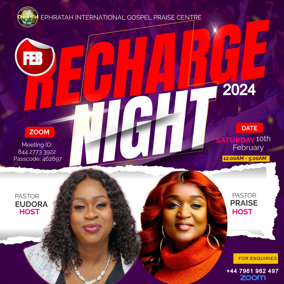 eehireservices's tweet photo. Our Recharge Nights are Holy Ghost nights where we pray in the Spirit through the night. (Jude 1:20 NLT)

Join us at midnight (12am GMT) TONIGHT on our zoom platform. Details are available on the flyer👇 https://t.co/Owyn4TIUsx