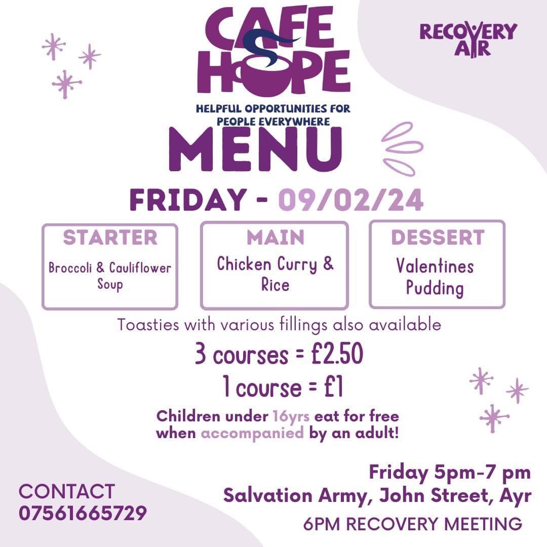 Cafe Hope Menu for Friday the 9th of February 2024