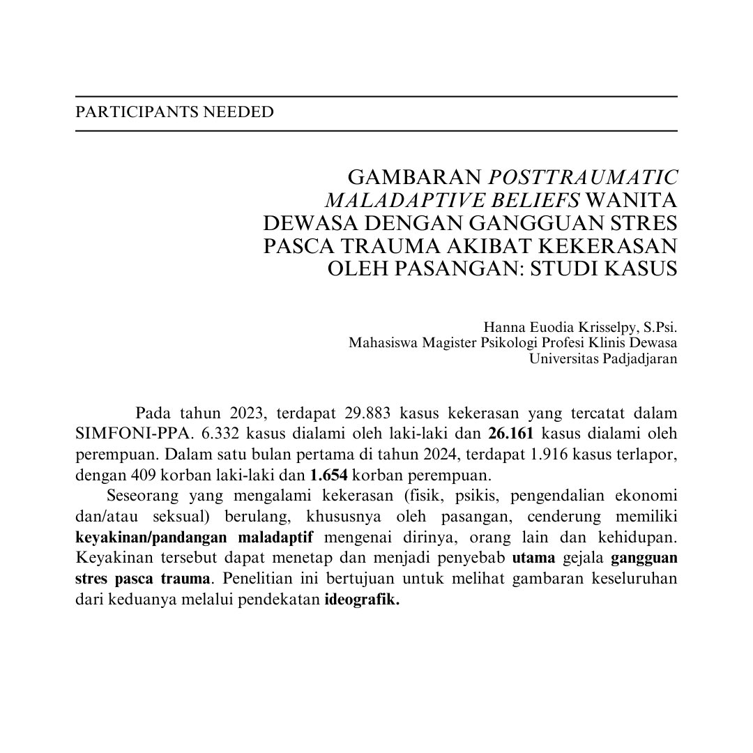 krisselpy's tweet photo. [HELP RT]

Aku tau butuh keberanian untuk berbicara mengenai topik ini. Tdk perlu khawatir, data yang diberikan akan sangat aku jaga kerahasiaannya.

https://t.co/2IyJAnvYde

Akan ada sesi psikoterapi bagi partisipan terpilih. 

Salam,
Hanna E
Magister Psikologi Profesi UNPAD https://t.co/4QI5ynyxbM