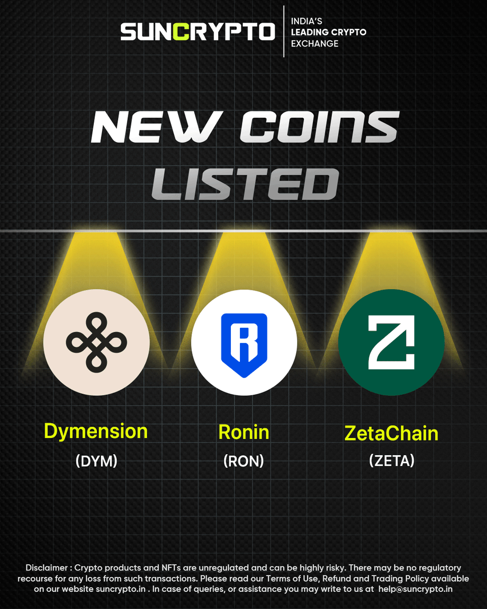suncryptoin's tweet photo. 🚨 Suncrypto Listed Three New INR Pair Cryptocurrencies, Start Your Trade Now 🚀
1️⃣ $DYM
2️⃣ $RON
3️⃣ $ZETA

#Newlisting #Suncrypto #Suncryptoin #Suncryptoexchange https://t.co/AHn5Ni2tBZ