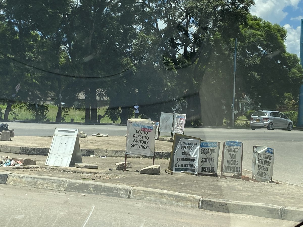 Enjoyed the displays of gloriously unsubtle newspaper bill posters while driving around Harare for a few days. Personal favourites: 'Yeu's hubby caught laughing at her burial', 'Relentless wars nuke opposition' and, intriguingly, 'Zim gets 2,000 tractors from Belarus'
