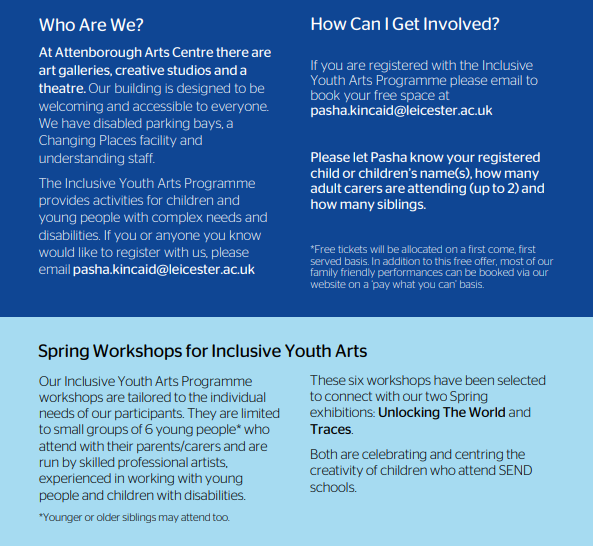 RhythmCircleUK's tweet photo. Leicestershire-based families with special needs: the first of Rhythm Circle's 'Sound Play' music workshops will be running at the Attenborough Arts Centre on 4th March. Contact pasha.kincaid@leicester.ac.uk for further information and to register. https://t.co/G9Xo413XDk