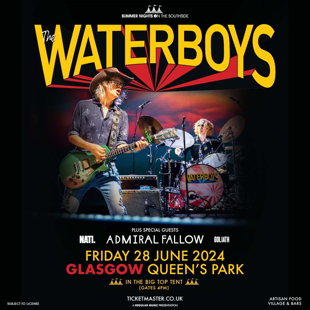 ON SALE NOW/// @WaterboysMusic play Queen’s Park on Friday 28 June! With very special guests @AdmiralFallow, @NatiDreddd & @enima_tek Tickets 🎟️ - shorturl.at/apATZ
